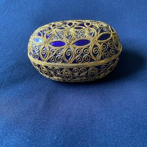 Vintage Ornate Gold Metal and Blue Enameled Decorative Oval Box